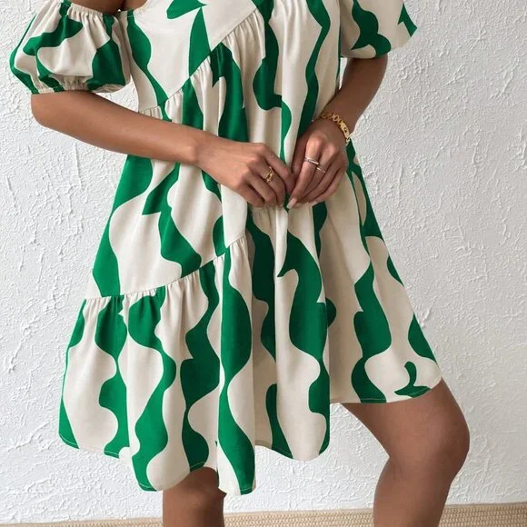 Boho Smock Dress, Asymmetrical Neck Puff Sleeve Ruffle Hem Mini dress - Picture 4 of 6